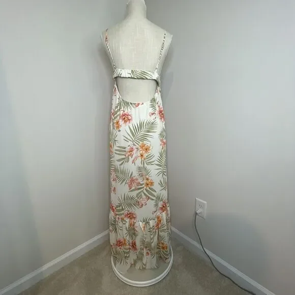 Vestique Floral Full Button Thigh Slit V Neck Maxi Dress Tropical Boho Womens L - Picture 3 of 10